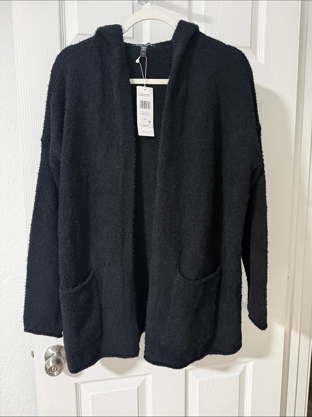 Eileen Fisher Black Open-Front Hooded Cardigan
